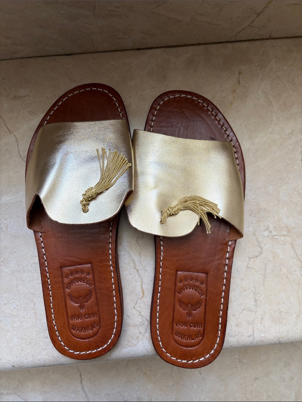 Gold Leather Slide Sandals with Tassel Accent from Morocco